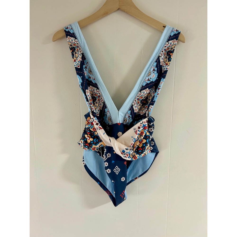 Agua Bendita Navy Blue Printed Deep V One-Piece Swimsuit - Picture 4 of 8